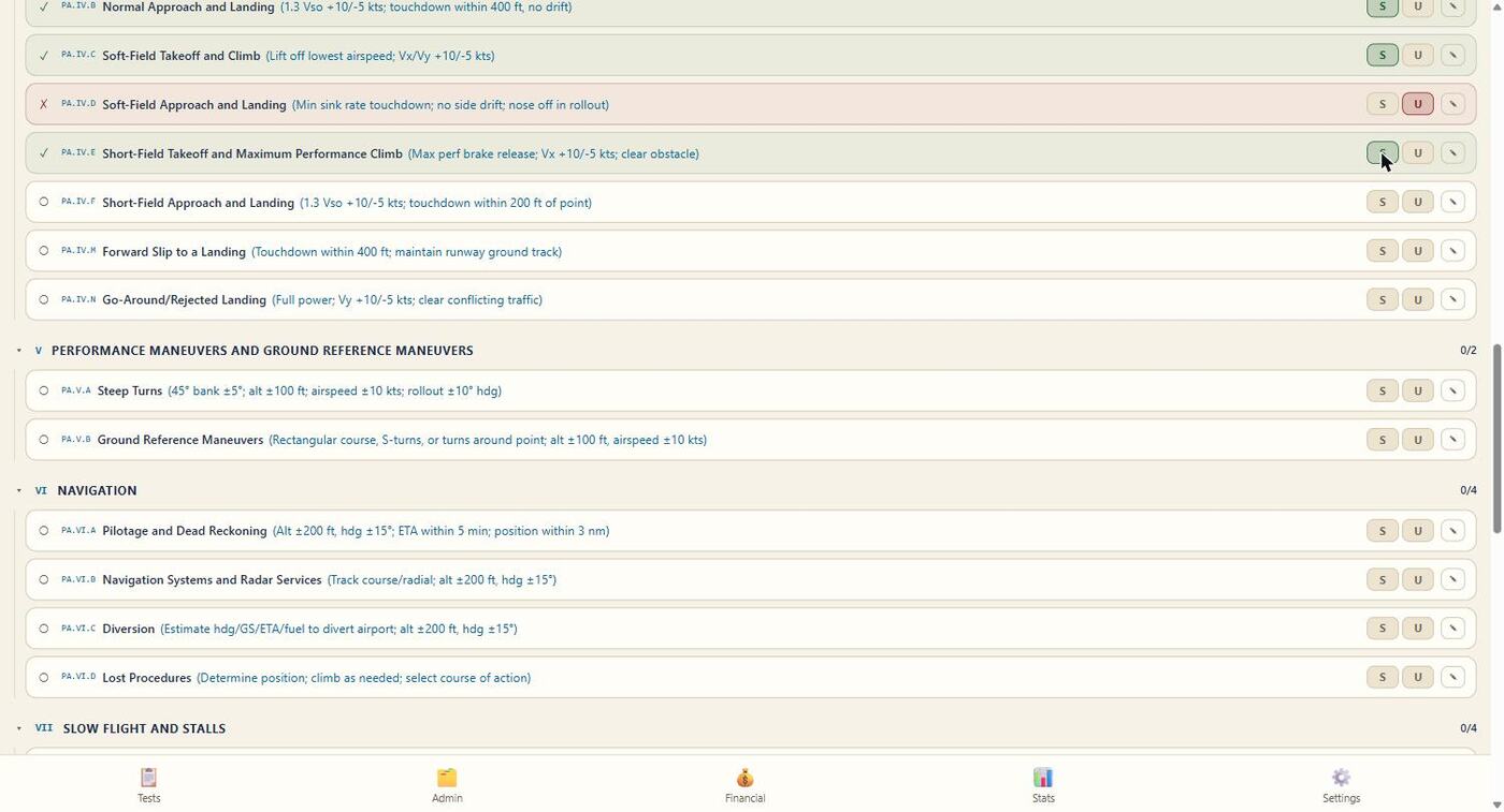 DPE App flight test grading screen with ACS tasks marked satisfactory and unsatisfactory
