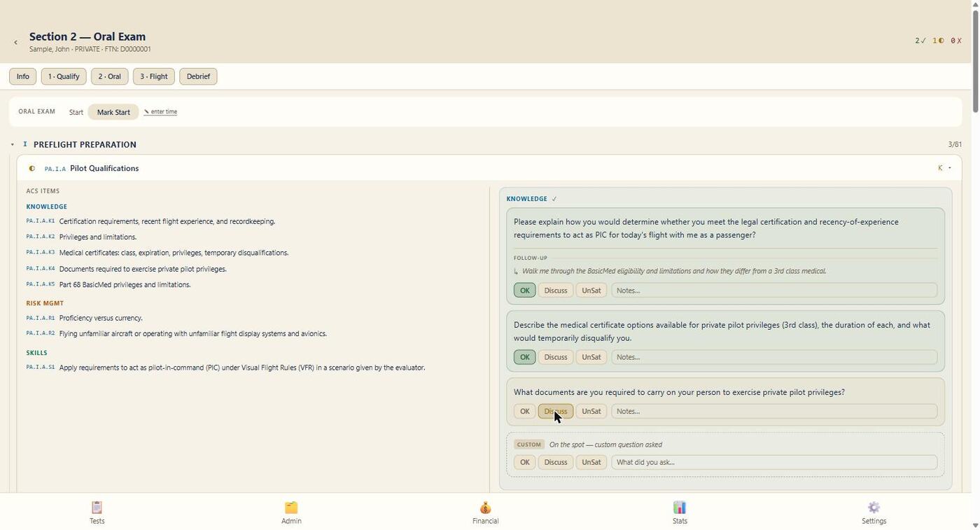 DPE App oral exam grading screen with ACS-coded questions graded OK and Discuss