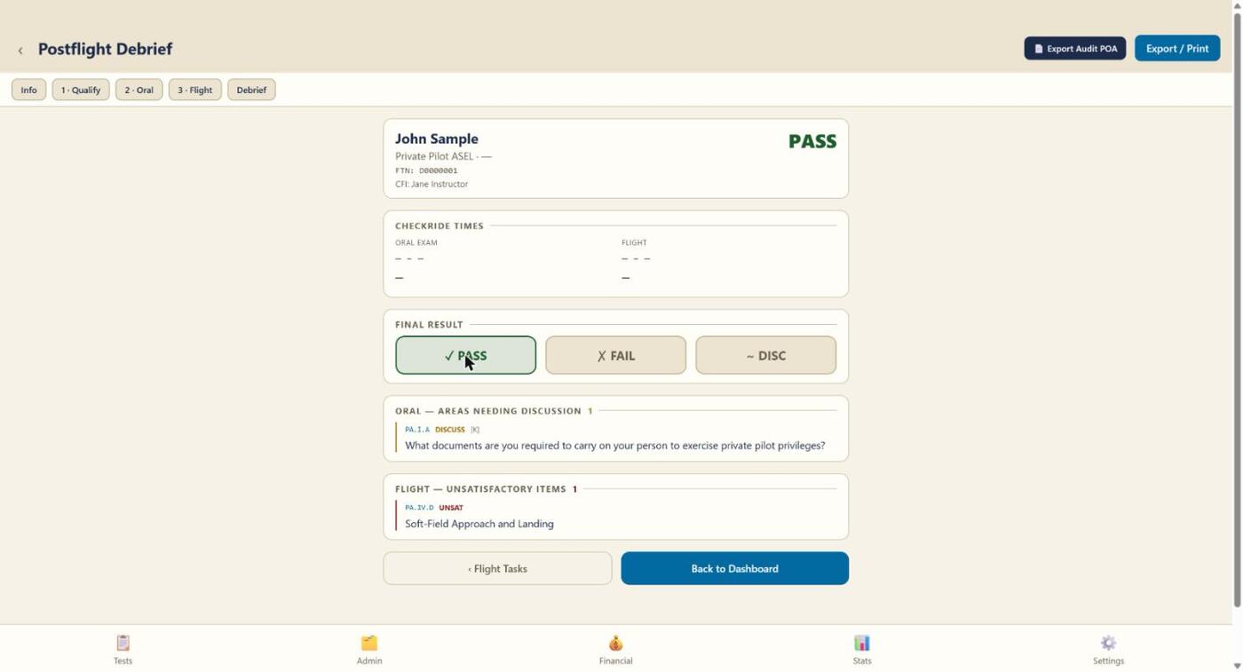 DPE App postflight debrief screen showing a Pass result summary
